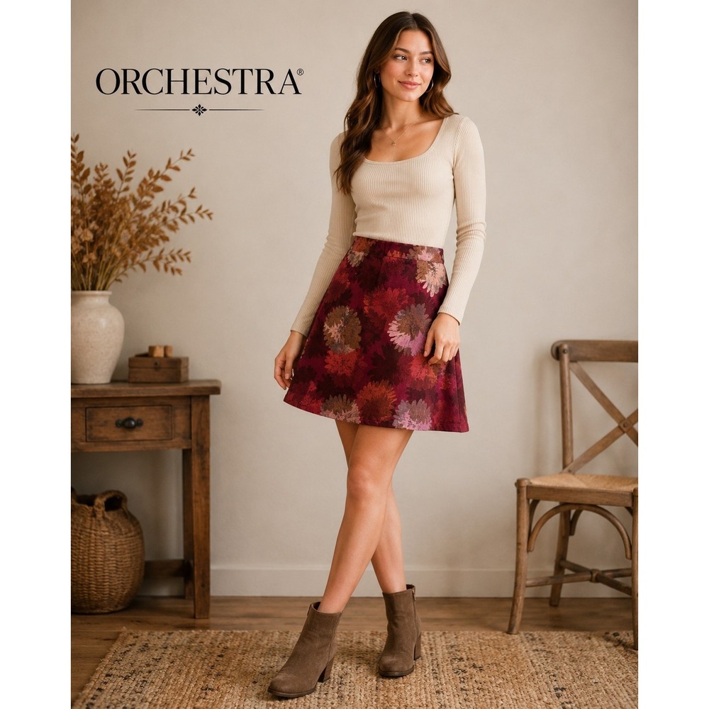Orchestra Skirt A-Line Boho Floral Print Retro Fall Burgundy Junior Size 14